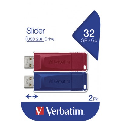 USB Flash Drive 32GB USB 2.0 Verbatim (SLIDER RED/BLUE) 49327 double pack