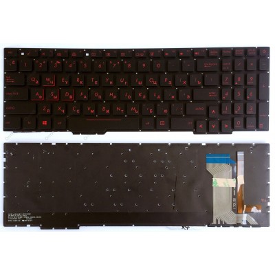Клавиатура для Asus GL553, GL553V, GL553VW, ZX553VD, ZX53V, ZX73 черная, без рамки, красные буквы с подсветкой (широкий шлейф подсветки)