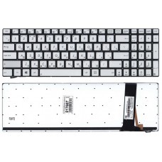 Клавиатура для Asus N550, N56 серебристая с подсветкой, плоский Enter