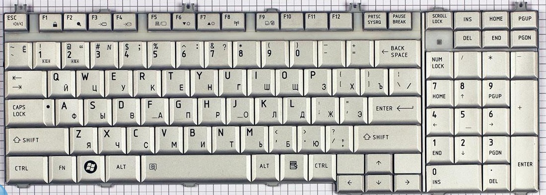 Клавиатура для Toshiba Satellite L500 серебристая. Снятая с ноутбука